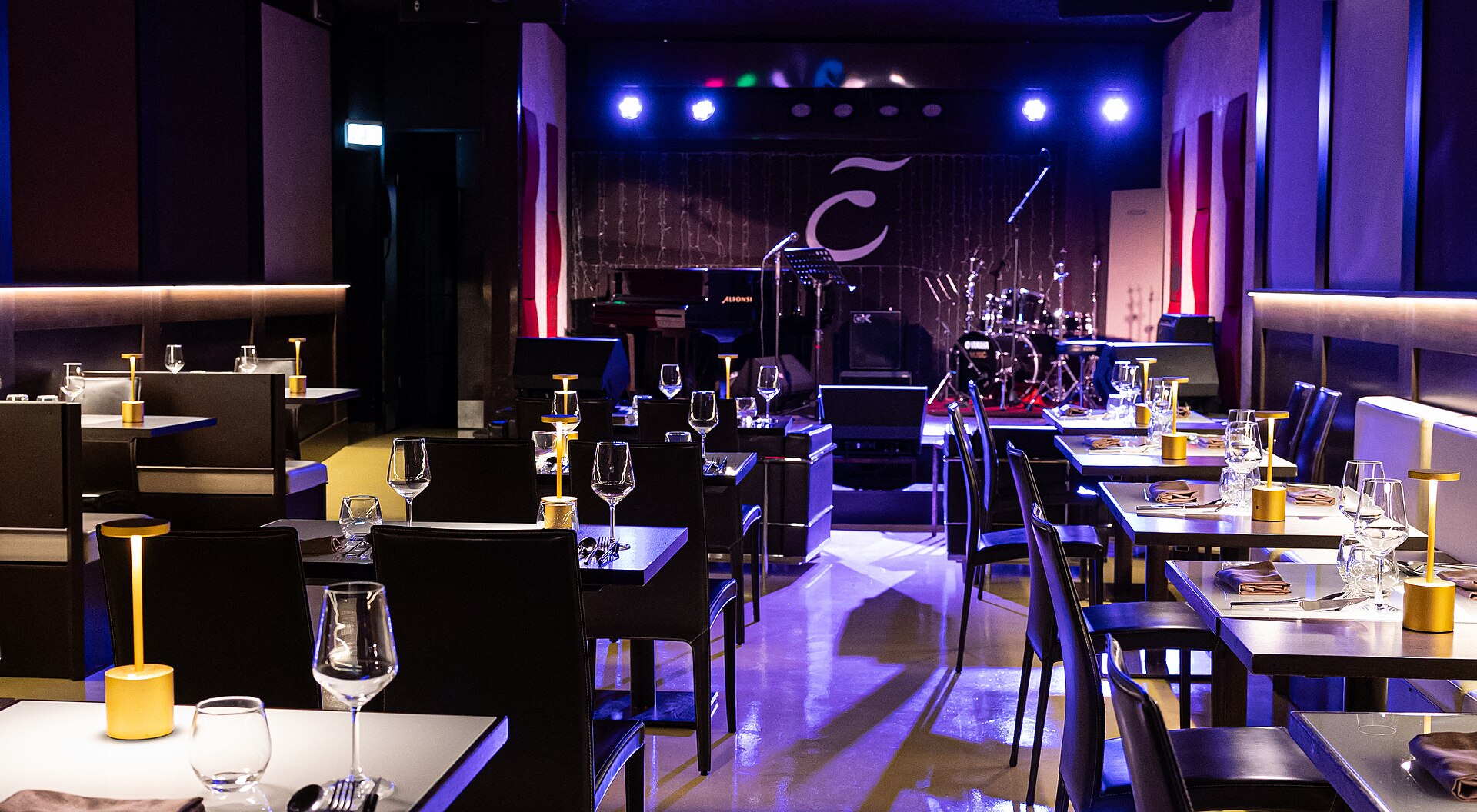 Interior of Elegance Cafè jazz club in Rome facing the stage, 2025