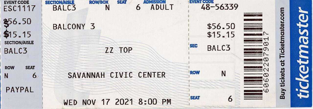 Documentary photograph of a Ticketmaster paper concert ticket