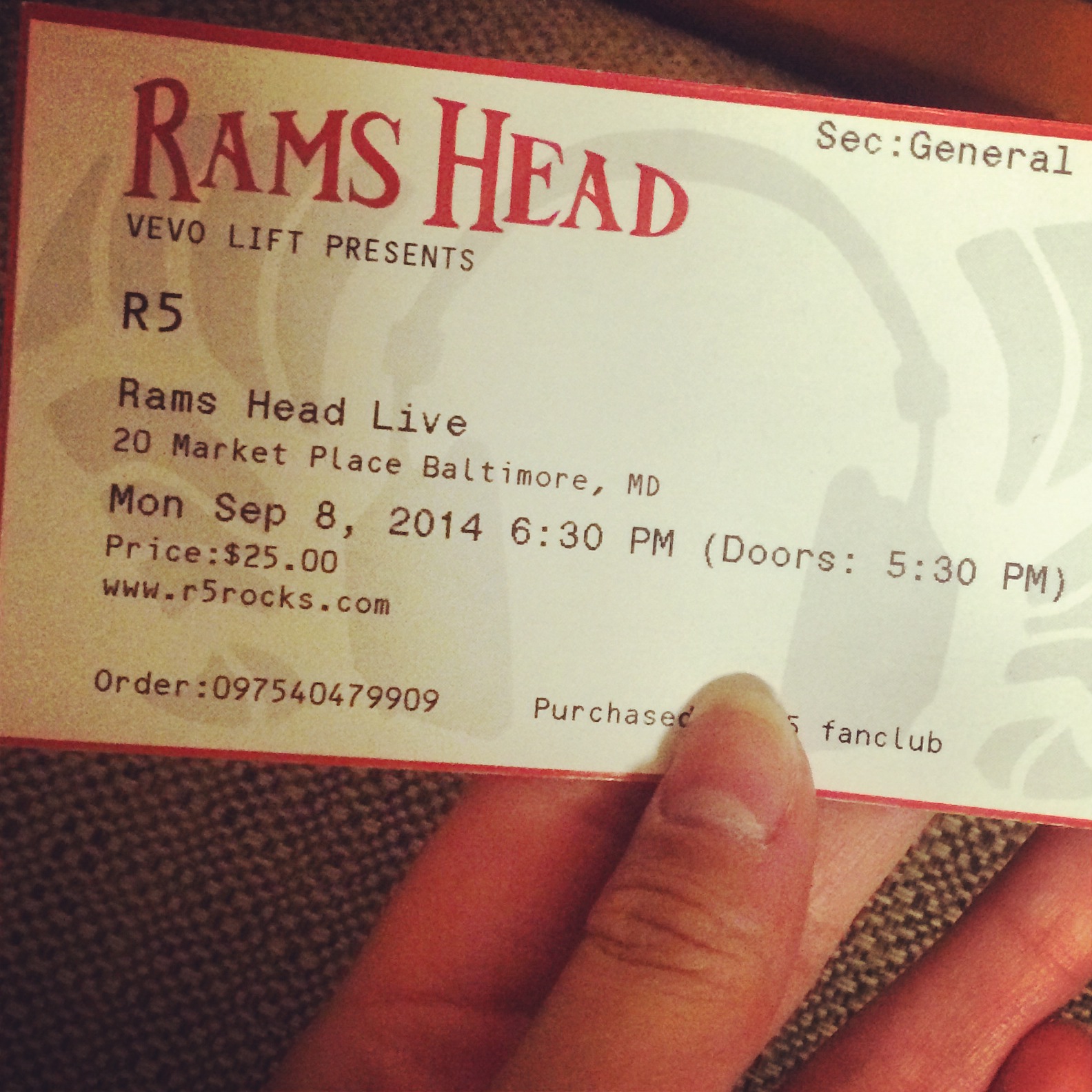 General admission concert ticket for Rams Head Live, Baltimore, September 8, 2014, printed with a $25.00 price