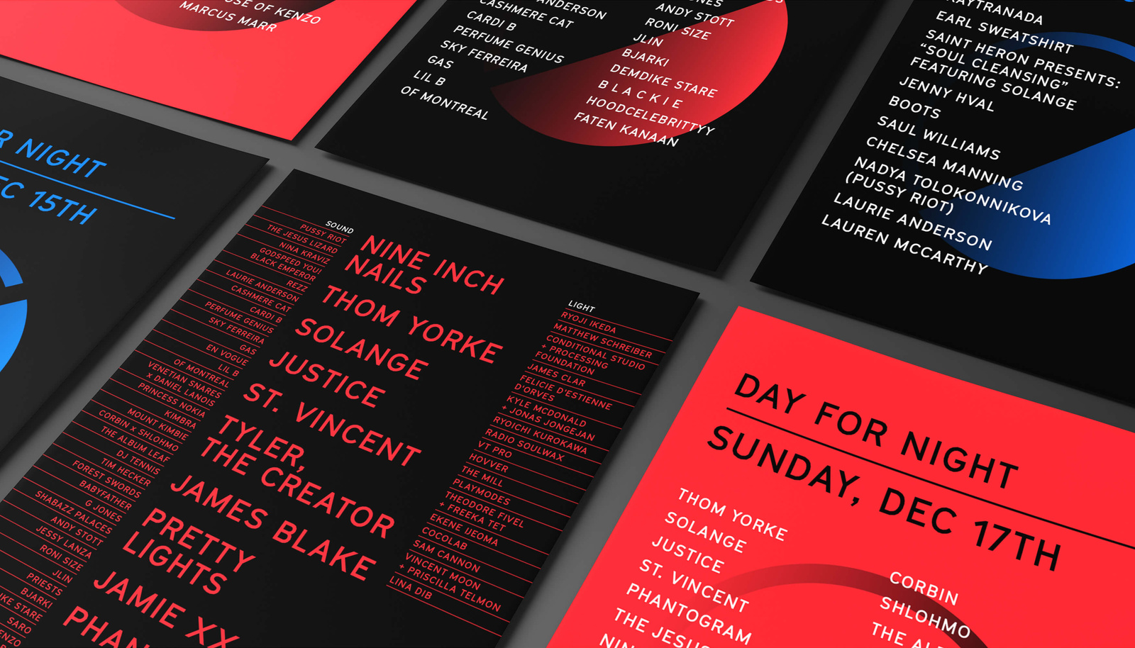 Day for Night 2017 programme artwork: black, red and blue printed lineup cards in the festival's condensed sans typography, listing Nine Inch Nails, Thom Yorke, Solange, Justice, St. Vincent, Tyler, the Creator, James Blake and Pretty Lights under a SOUND heading and Ryoji Ikeda, Matthew Schreiber and other artists under a LIGHT heading.
